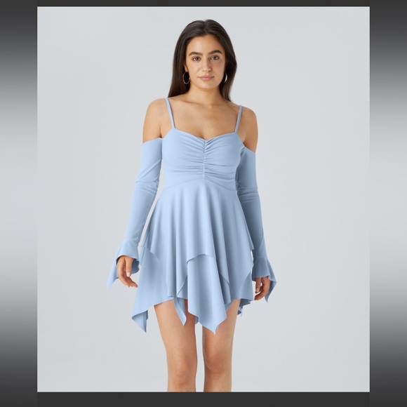 HALARA Dresses & Skirts - Adjustable Strap Ruched Backless Long Sleeve
Layered Hanky Hem Mini Casu…